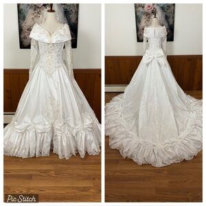 Elegant Vintage 90s Mori Lee Taffeta Off Shoulder Wedding Gown!
